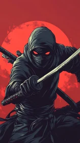 Midnight ninja lunges beneath a blood-red hunting moon.