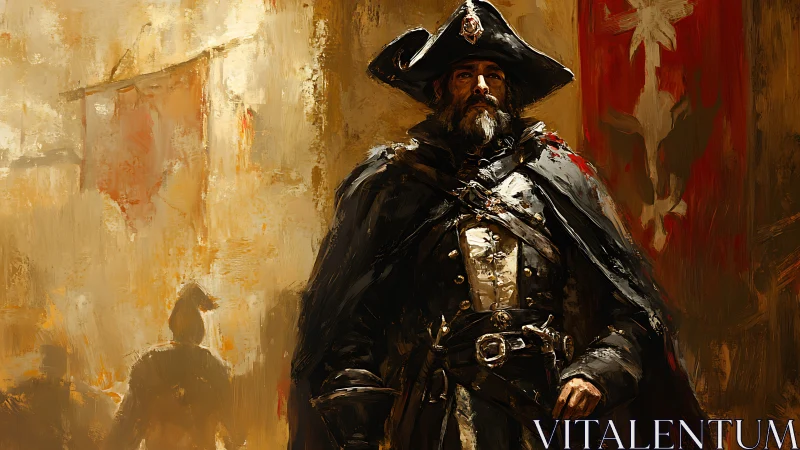 Storm-lit captain strides through a gilded city of banners.