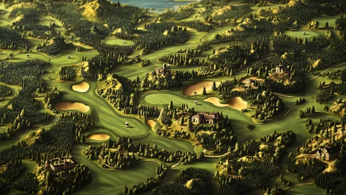 Emerald golf kingdom winding through forests and hilltop villas.