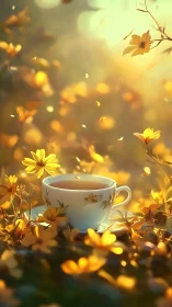 Sunlit tea cup cradled in a drifting meadow of gold petals.