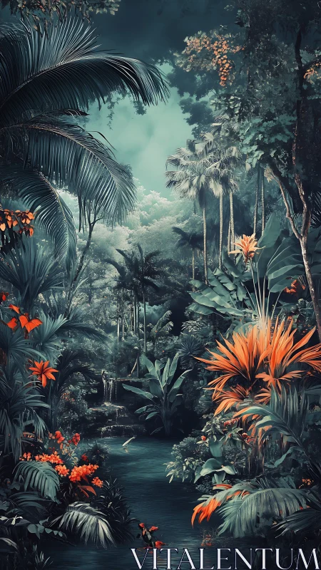 Moody tropical jungle river with vivid orange foliage accents.