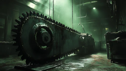 Industrial bone saw dominates bloodstained slaughterhouse floor.