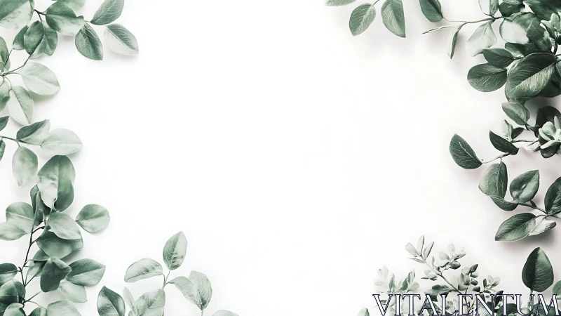 Minimalist botanical frame with soft green foliage on white.