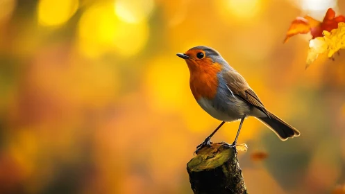 European robin perched on branch with vibrant autumn bokeh background.