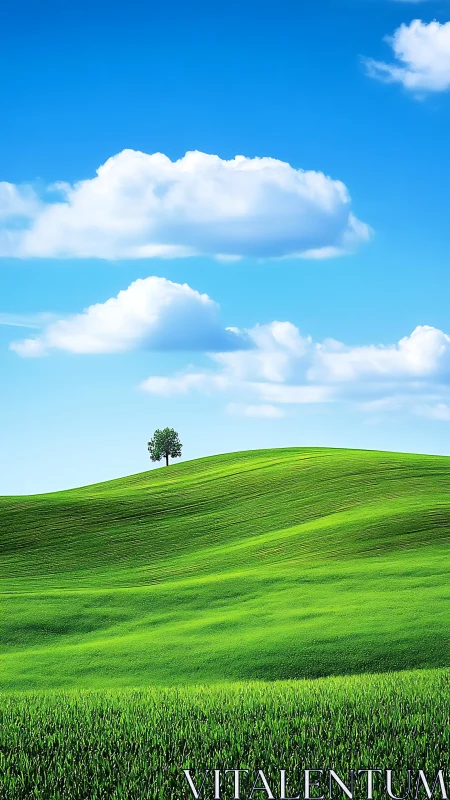 Single tree on bright green rolling hill under blue sky.