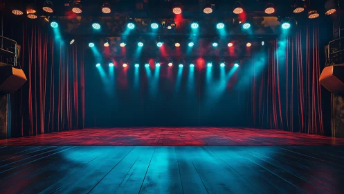 Empty spotlight stage glowing in red and teal anticipation.