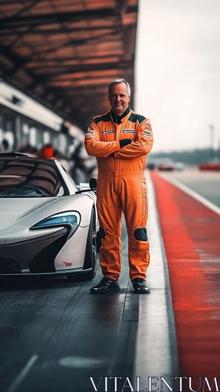 Photoreal pit-lane portrait with racing driver and supercar.