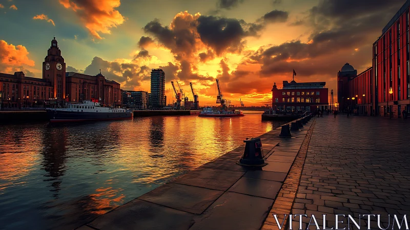 City waterfront harbor at vivid sunset with dockside lights.