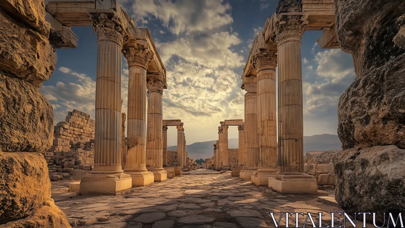 Ancient stone colonnade glows softly in warm evening light.