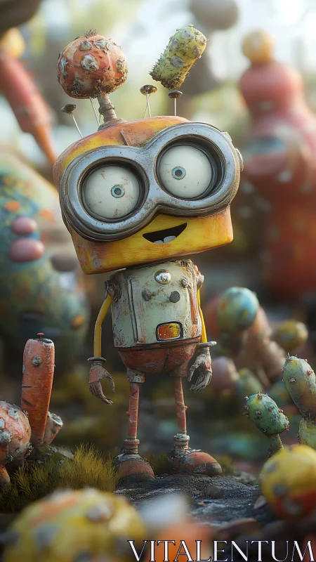 Rustic cartoon robot standing in colorful cactus field.