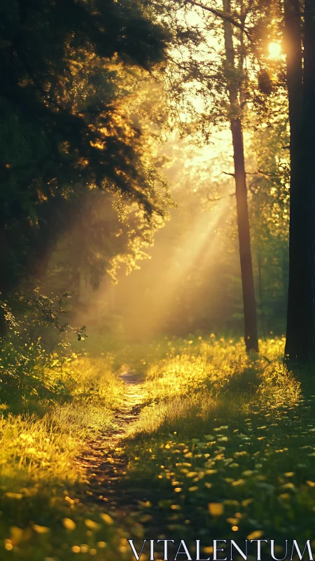 Golden sunlight pierces misty forest path with radiant crepuscular rays