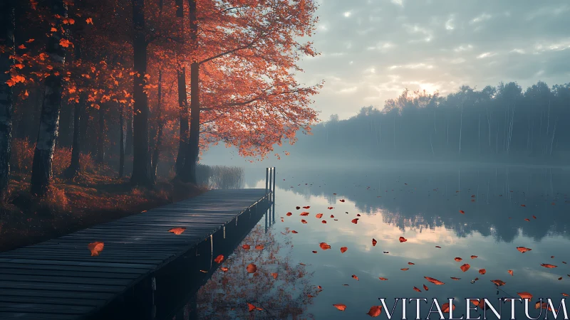 Wooden lakeside pier with autumn trees and misty horizon.