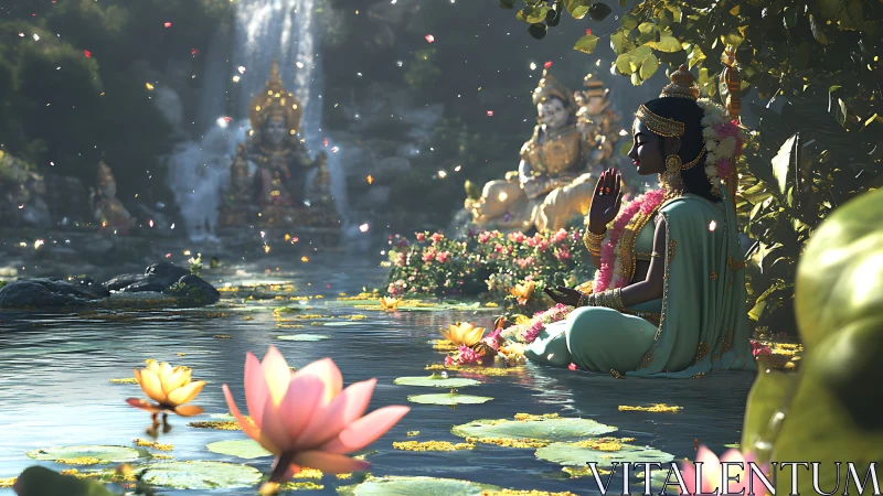 Digital painting of serene goddess meditation in lotus cascade garden.