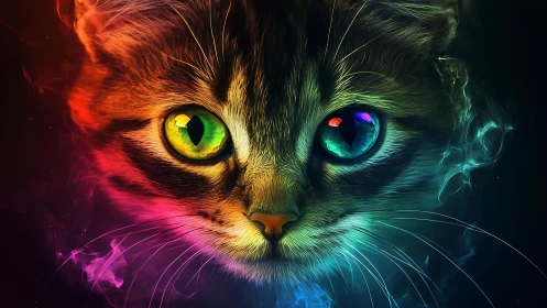 Neon Cat Face with Heterochromatic Eyes.