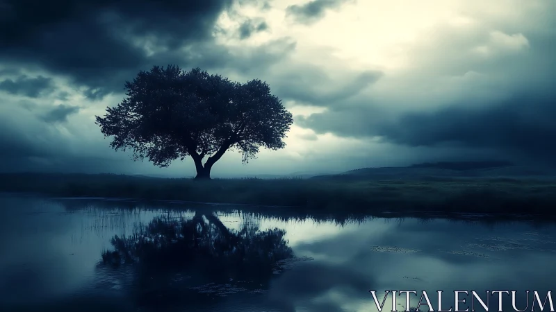 Solitary tree mirrored in still water under dense clouds.