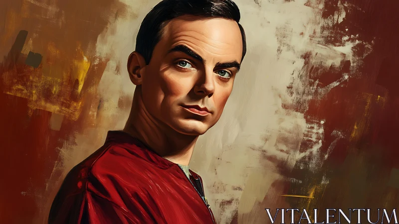 Stylized male portrait in red jacket on painterly backdrop.