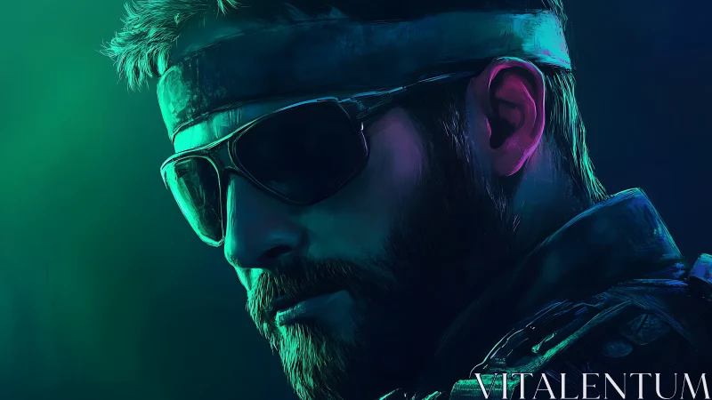 Tactical bearded soldier portrait in neon cyber glow.