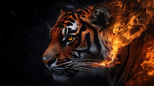 Fiery tiger gaze glows warmly against the deep night sky