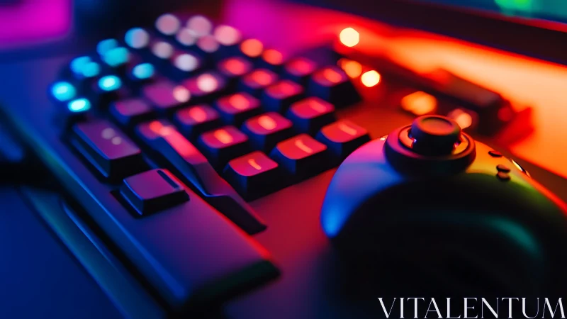 Neon keystrokes and joystick glow conduct a midnight game