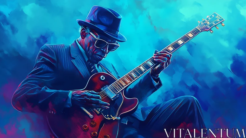 Electric guitarist in suit and hat against blue abstract field.