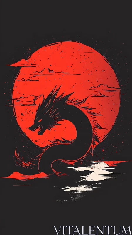 Serpentine moon-dragon coils beneath a blazing red eclipse.