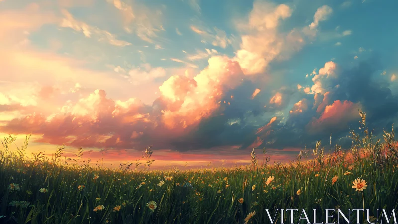 Sunlit wildflower meadow under glowing pastel clouds.