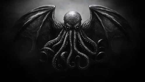 Winged tentacled horror emerges from shadowed void