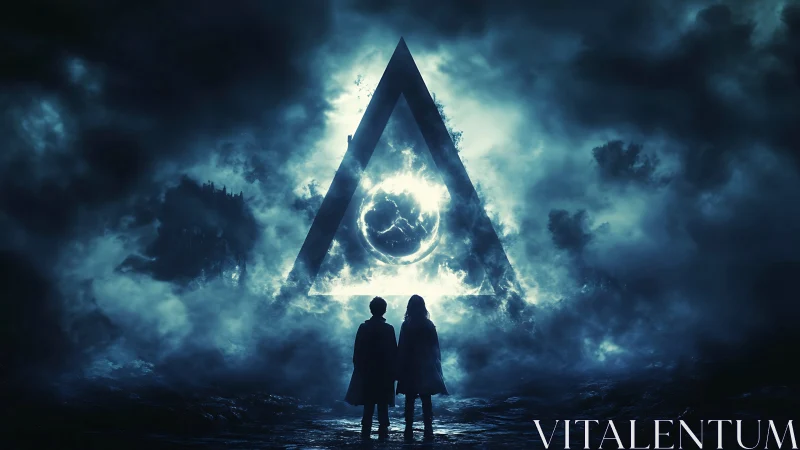 Surreal triangular portal with silhouetted figures in storm haze.