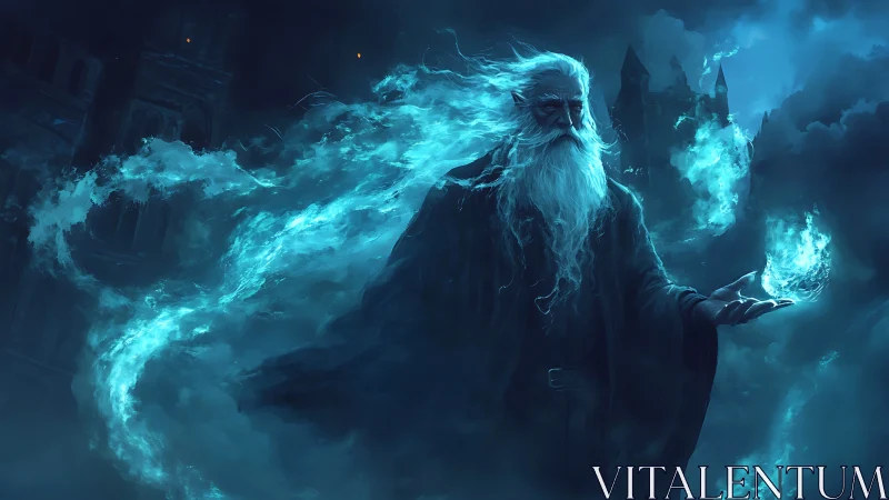 Storm-lit elder mage wielding cascading blue flame spell.