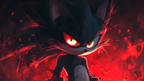 Infernal chibi hedgehog against molten red particle storm.