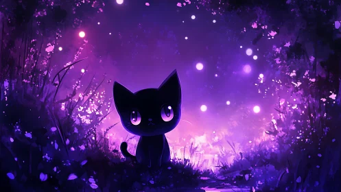Tiny midnight familiar studies the glowing forest secrets
