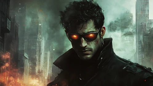 Cybernetic figure stands before hazy high-rise skyline calmly