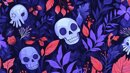 Skulls woven through neon foliage on midnight indigo ground.