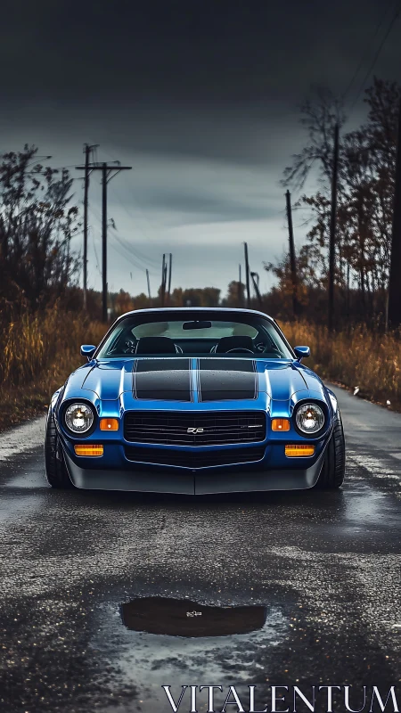 Low-slung blue muscle car dominates a moody rural road