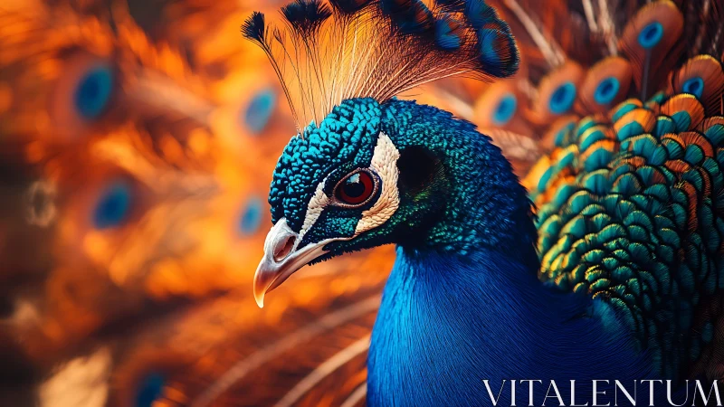 Vibrant close-up of peacock with iridescent feathers in vivid light.
