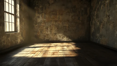 Golden light gently filling a quiet, timeworn empty room.