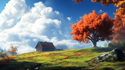 Cabin under vivid autumn tree on bright open hillside.