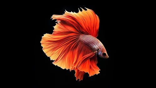 Vibrant orange betta fish with flowing fins on black background.