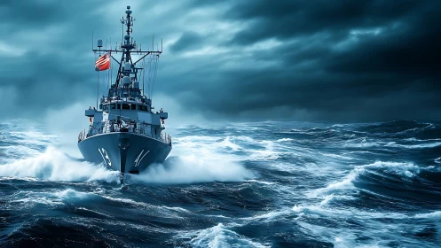 Naval vessel advances through rough ocean under storm clouds