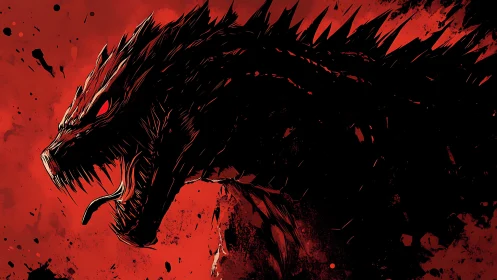 Monochrome kaiju silhouette under eruptive red chroma field.