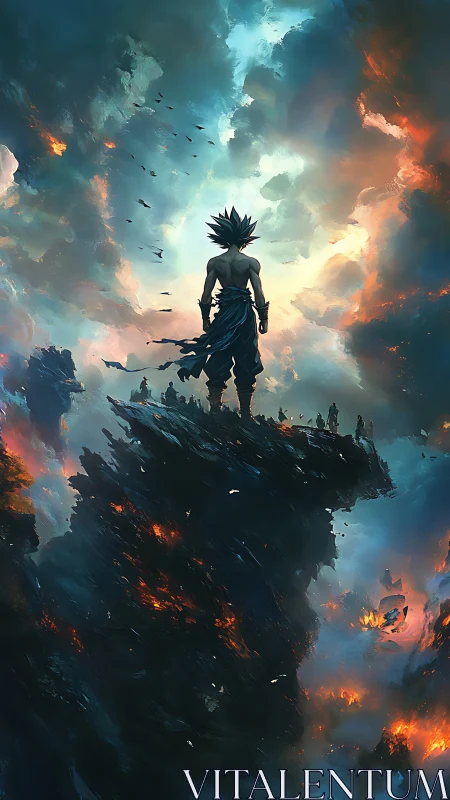 Lone warrior gazes across a burning sky of storms.