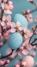 Blue speckled eggs rest among pink cherry blossoms