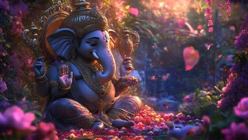 Digital depiction of Ganesha seated amid floral garden.