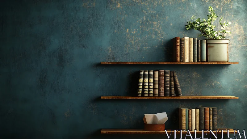 Vintage books on minimalist wooden wall shelves.