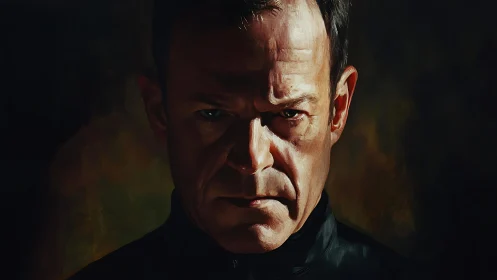 Storm-lit stare of a brooding man carved from shadowed light.