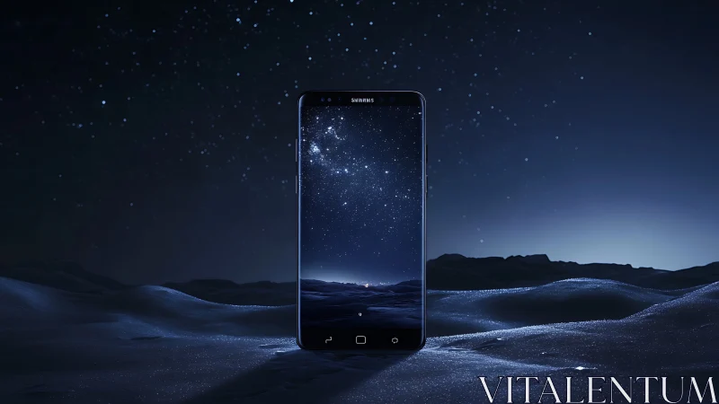 Starlit smartphone horizon glows over a quiet midnight desert.