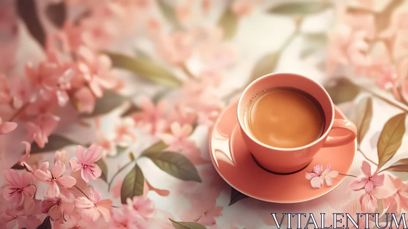Soft-focus pink coffee cup amid detailed cherry blossom bokeh