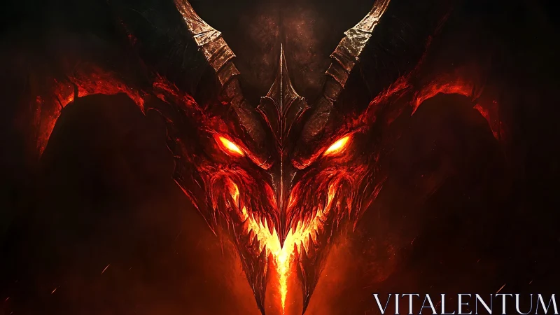 Infernal horned demon portrait burns through darkness