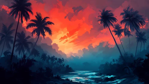 Tropical silhouettes lean into a neon storm of molten dusk