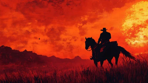 Lone cowboy silhouette on horseback in red sunset plains.